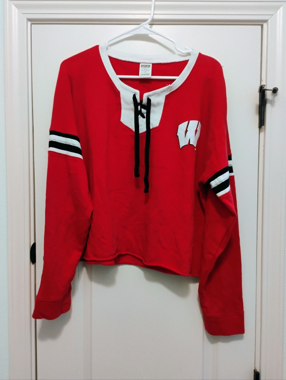 PINK Victoria's Secret Red Lace-Up Long Sleeve Sweatshirt with Wisconsin On The